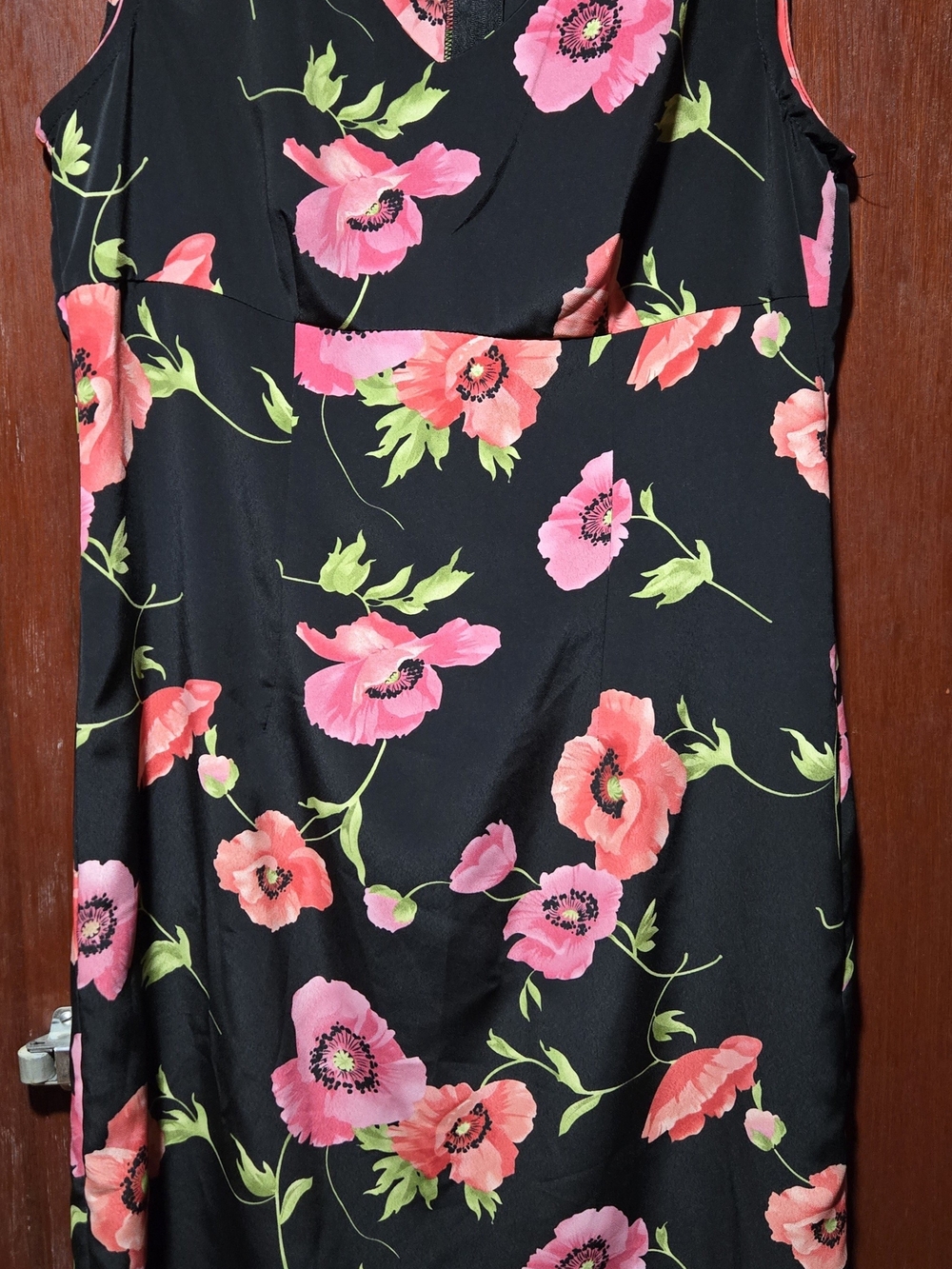 Sleeveless Black Midi Dress with Pink Floral Print